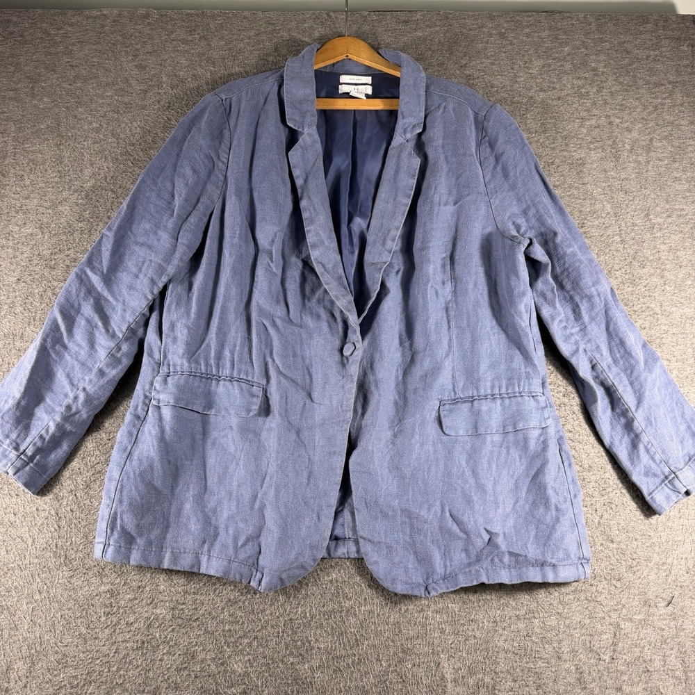 Halston Blue One Button Linen Blazer Size XL Office Career Lightweight Classic